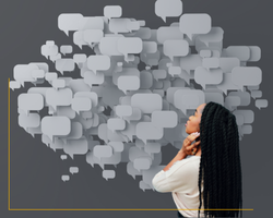 Black femme person gazes up at wall of blank word bubbles in thought