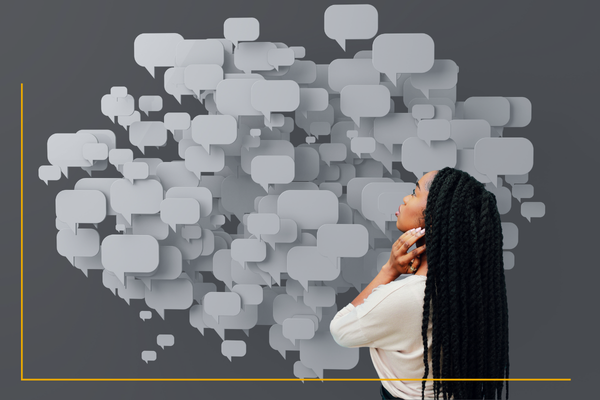 Black femme person holds neck and looks up at a wall of blank word bubbles on a grey background