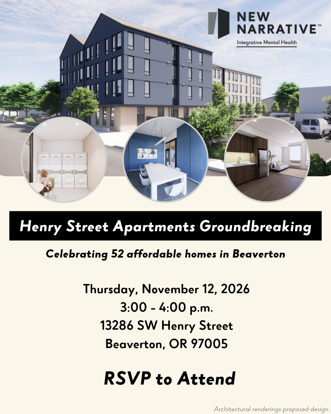 Henry Street Apartments Groundbreaking invitation: Thursday, November 12, 2026, 3–4 p.m., 13286 SW Henry Street, Beaverton, OR 97005. Celebrating 52 affordable homes. Proposed exterior and interior architectural renderings. RSVP to attend.