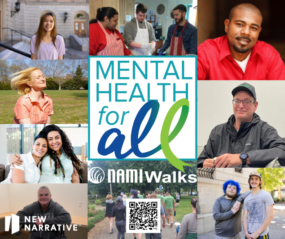 Photo collage with "Mental Health for All" and NAMIWalks logo in the middle. A QR Code with registration link is at the bottom middle.