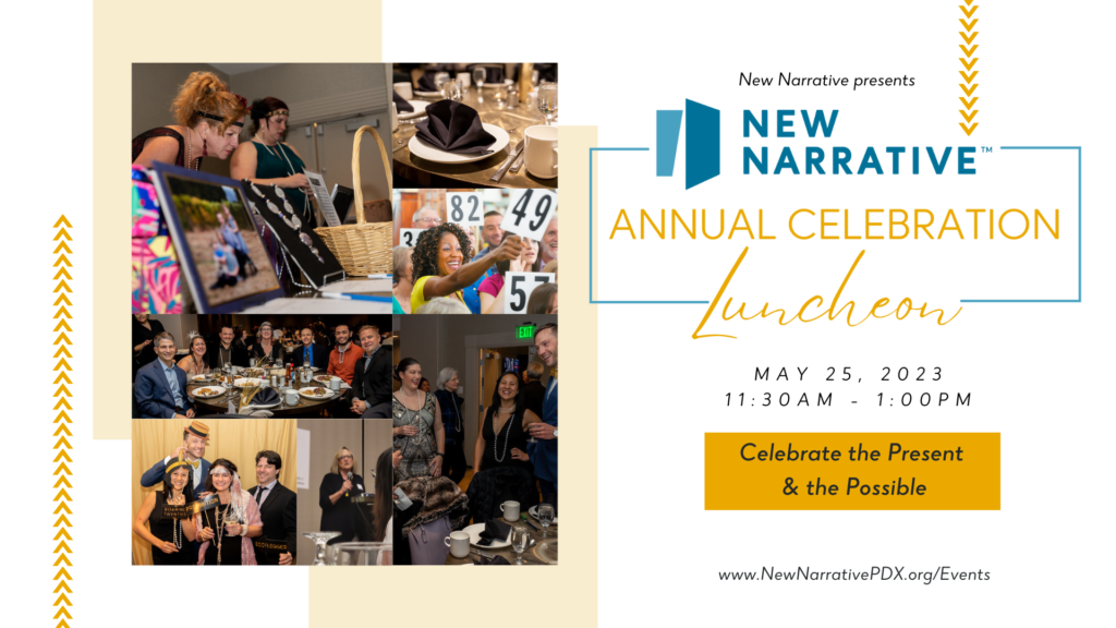 New Narrative Annual Celebration Luncheon logo; May 25, 2023. Image features a photo collage of past event images.