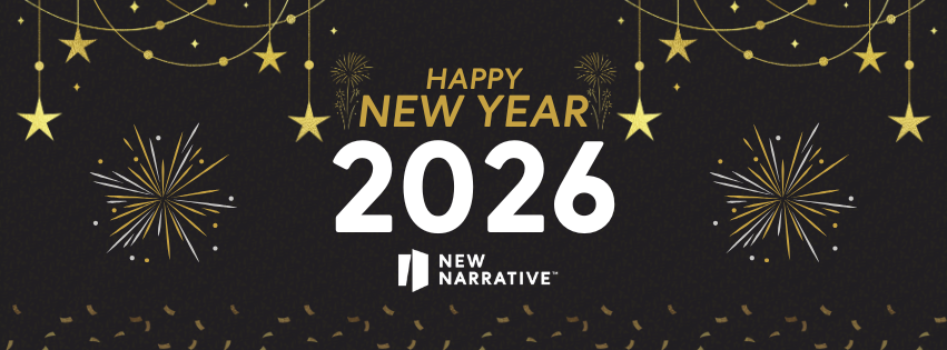 Happy New Year 2026 from New Narrative, featuring fireworks and stars on a black backdrop