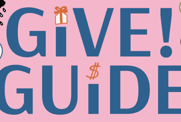 Official Give!Guide campaign banner with playful illustrations of community life.