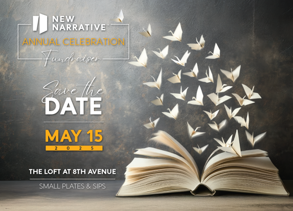 Save the Date May 15 New Narrative; features an image of an open book with paper cranes flying out.